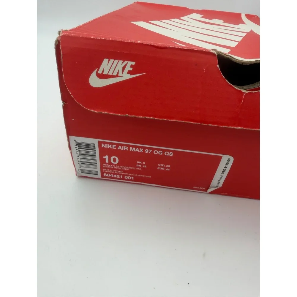 Nike Air Max 97 OG QS Silver Bullet Metallic Silver Red 884421-001 Mens Size 10